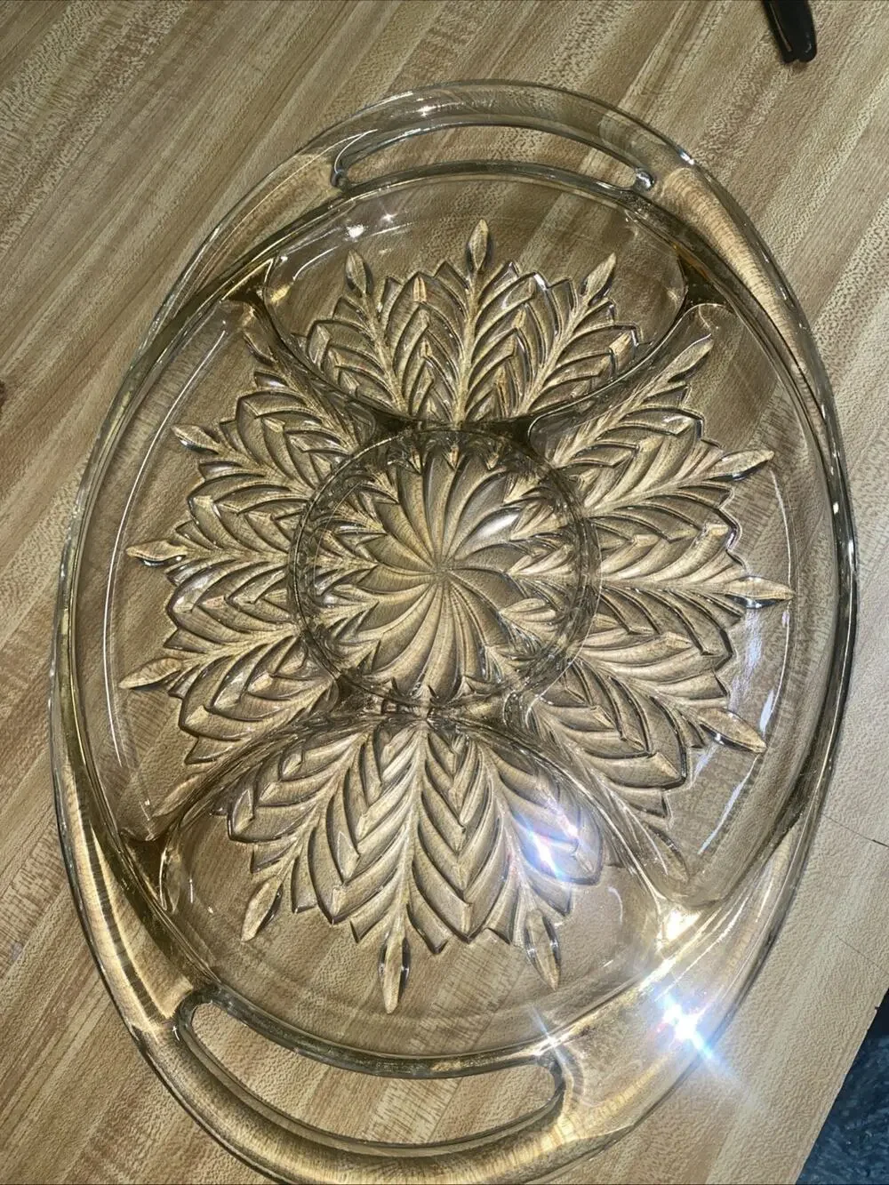 Jeanette Feather Gold Trim 5 Section Handled Relish Tray Clear Glass Platter